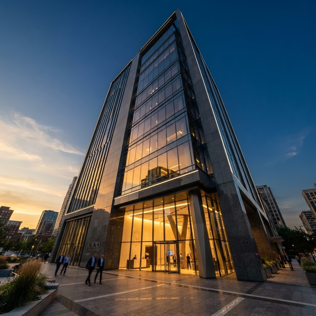 Modern corporate architecture at golden hour